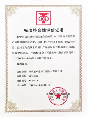 冠军磁砖荣获首批负离子陶瓷砖产品质量测评认证，引领健康环保新标杆